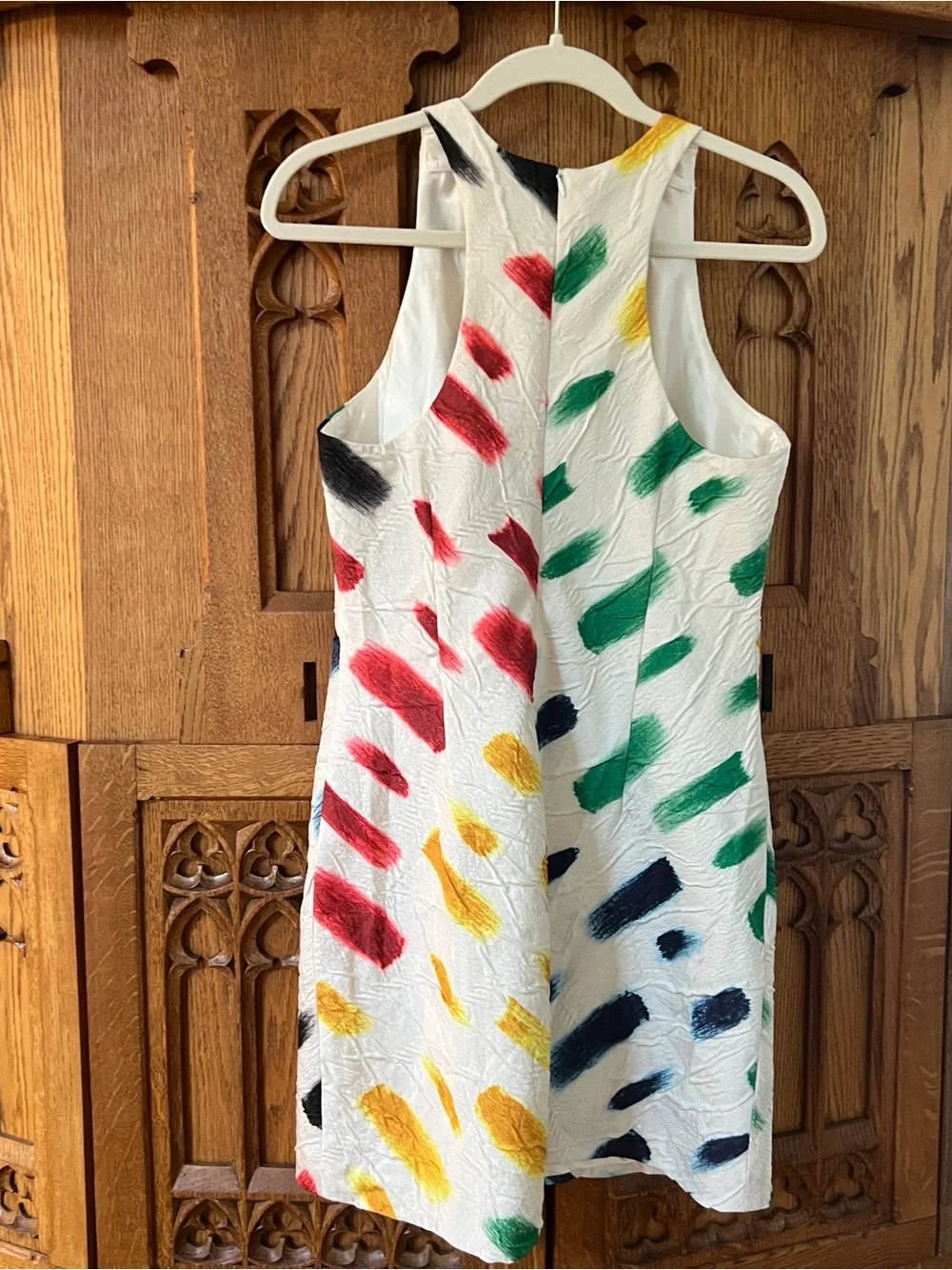 Milly White Brushstroke Shift Dress with Green, Yellow, Navy & Red Accents